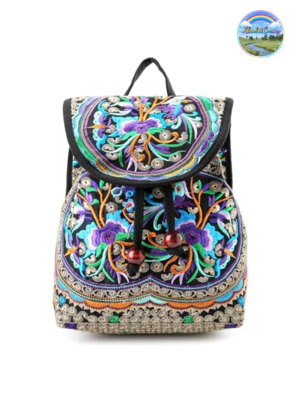 Embroidered Canvas Backpack Purse for Women, Boho Travel Daypack, Floral Mini